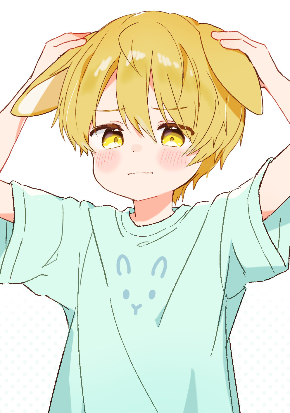 1boy, animal_ears, arms_up, blonde_hair, blue_shirt, blush, child, closed_mouth, commentary_request, crew_neck, dot_nose, double-parted_bangs, far_tarooo, frown, hair_between_eyes, hands_on_animal_ears, highres, looking_down, male_focus, noru_(far_tarooo), original, print_shirt, rabbit_boy, rabbit_ears, shirt, short_hair, short_sleeves, solo, upper_body, white_background, yellow_eyes