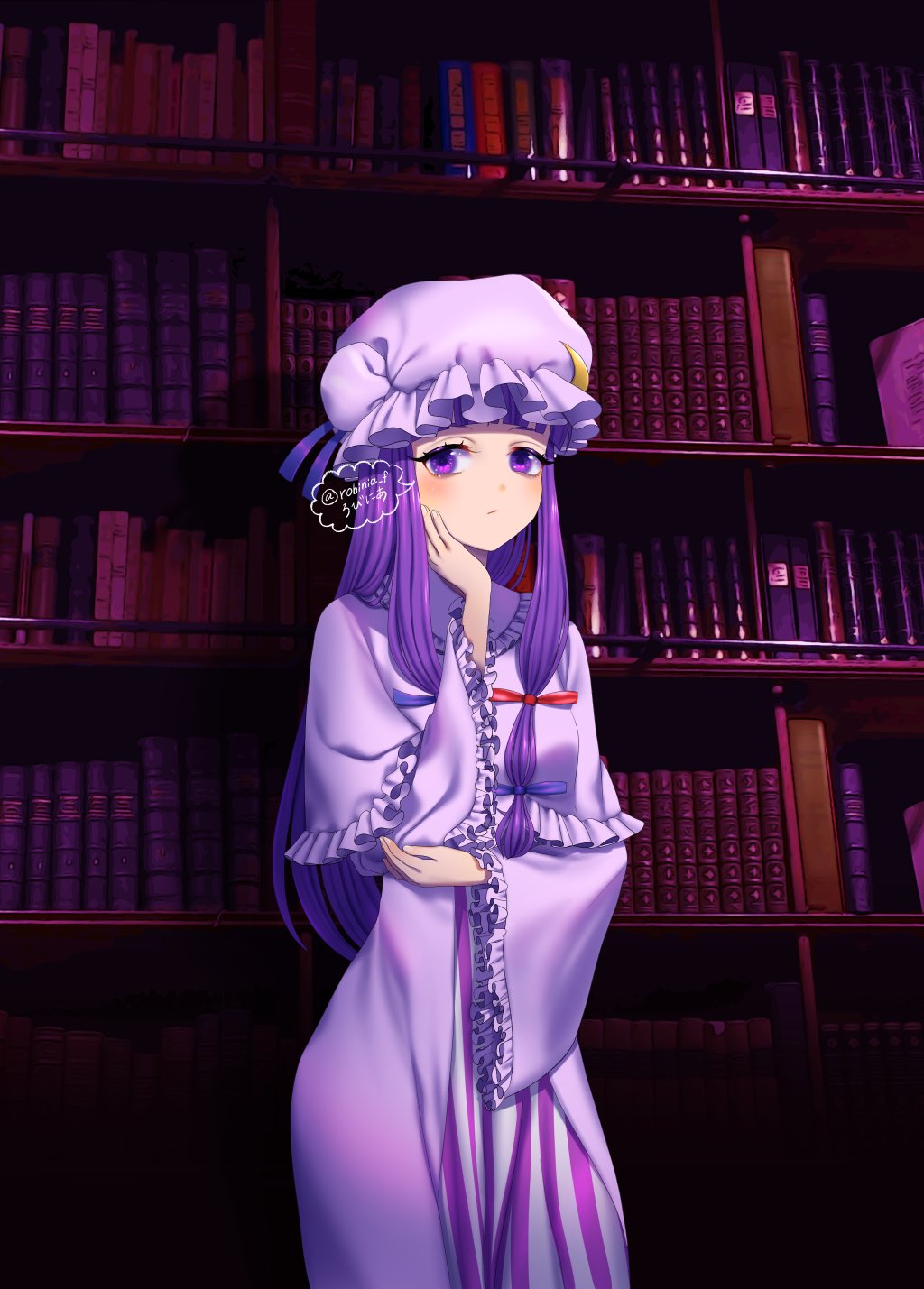 1girl, blue_bow, blunt_bangs, book, bow, crescent, crescent_hat_ornament, dress