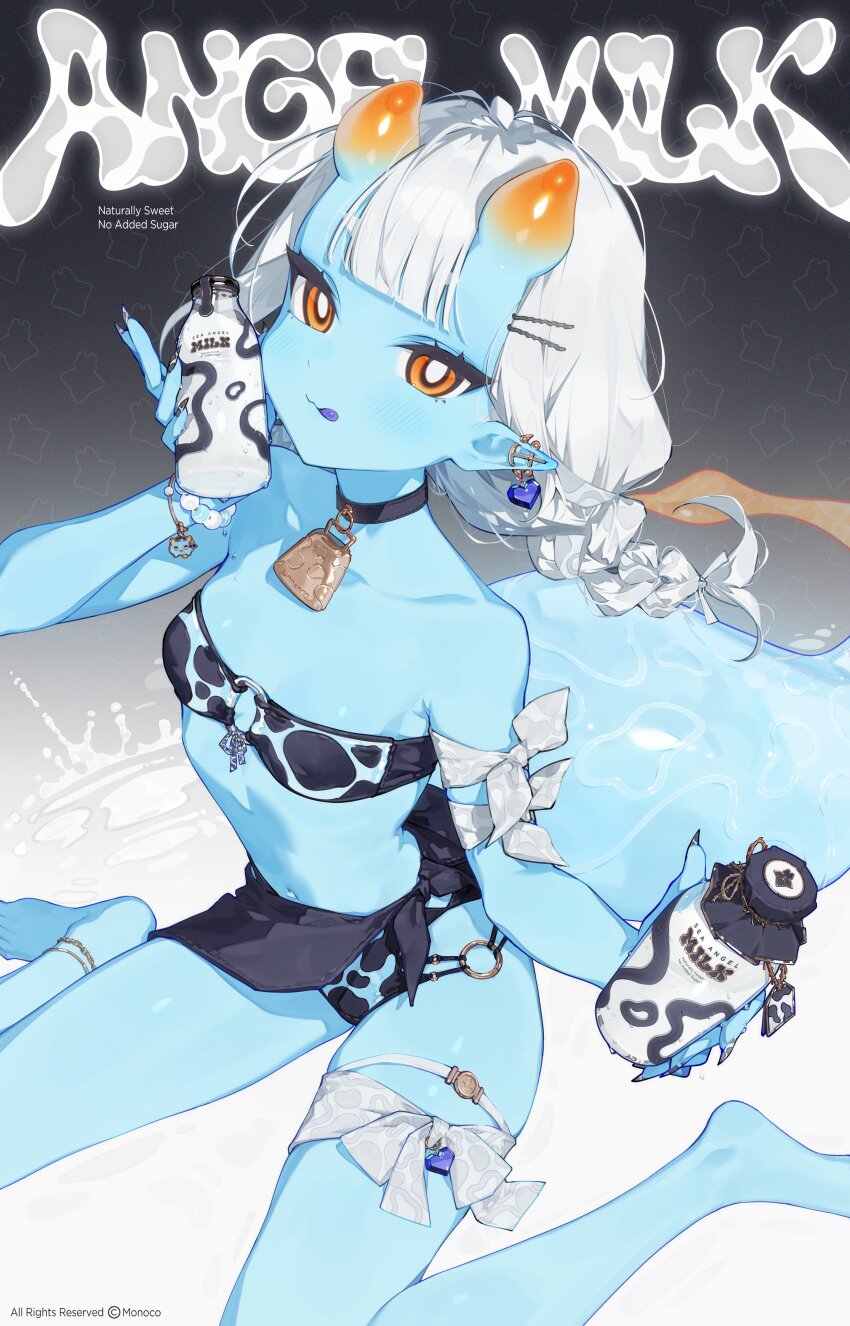 1girl, absurdres, animal_print, barefoot, bikini, blue_skin, bottle, braid