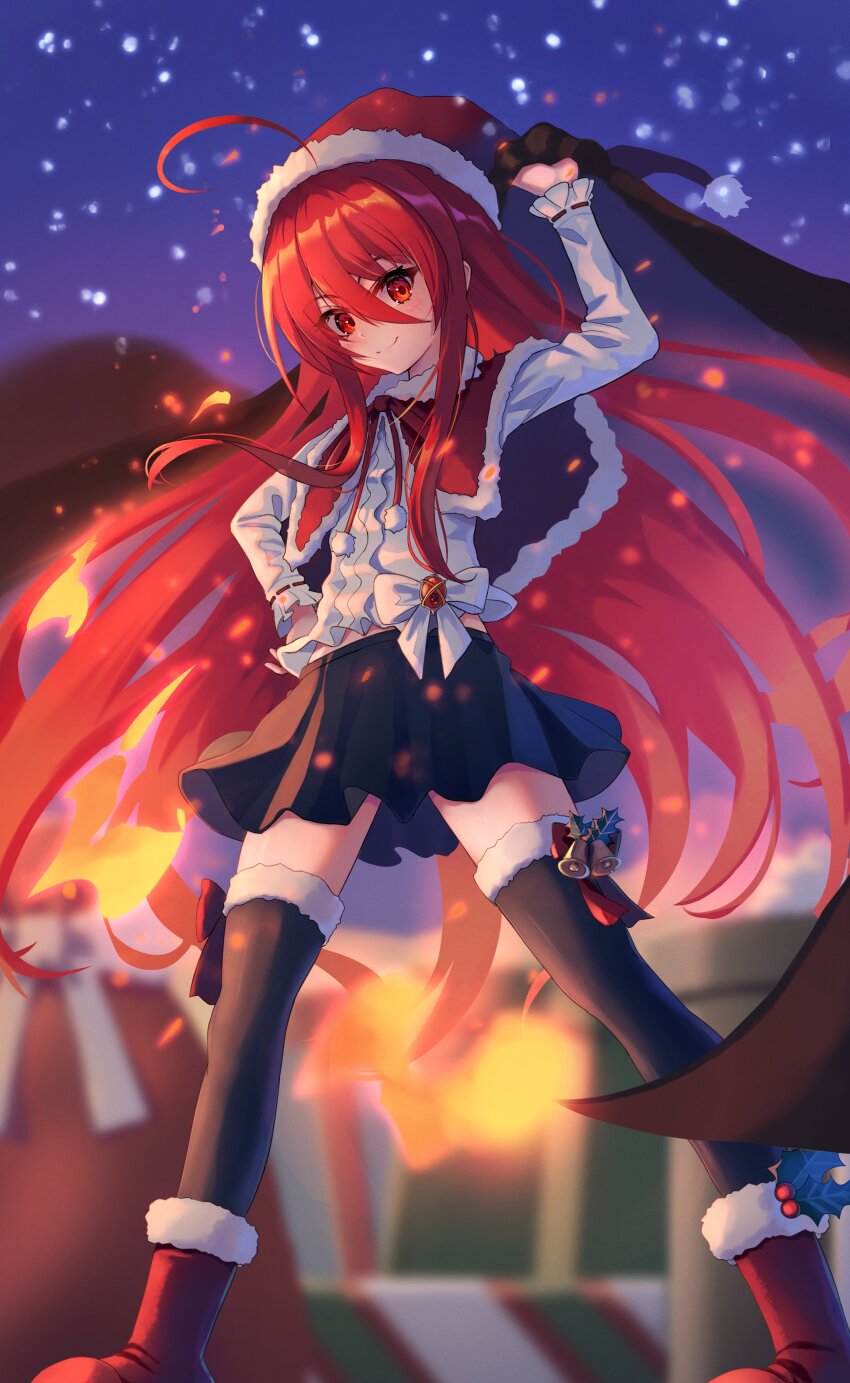 1girl, absurdres, ahoge, alternate_costume, bell, black_skirt, black_thighhighs, blurry