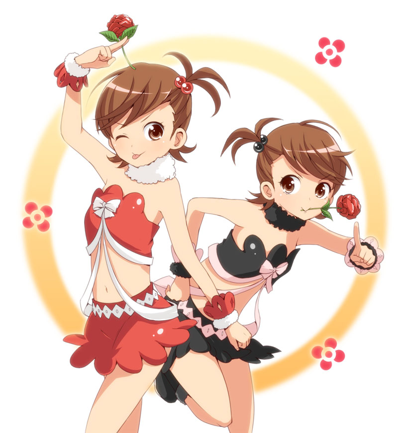 2girls, :>, :p, ;p, bare_shoulders, bow, brown_eyes, brown_hair, cute_&amp;_girly_(idolmaster), flipped_hair, flower, futami_ami, futami_mami, hair_bobbles, hair_ornament, idolmaster, idolmaster_(classic), maro_nie, mouth_hold, multiple_girls, navel, noel_angelic_(idolmaster), one_eye_closed, rose, short_hair, siblings, side_ponytail, sisters, skirt, smile, tongue, tongue_out, twins, wink, wristband