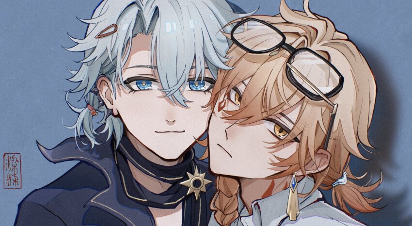 2boys, alternate_costume, antenna_hair, black_choker, black_shirt, blonde_hair, blue_eyes, braid