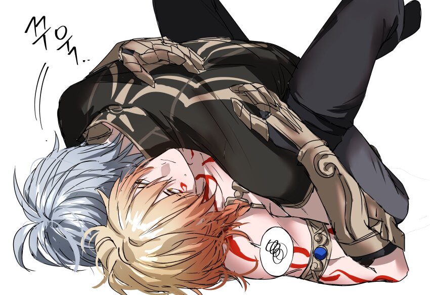 2boys, absurdres, antenna_hair, arm_tattoo, armlet, b_bcollector, black_pants, black_shirt, blonde_hair, braid, chest_tattoo, clawed_gauntlets, commentary, facial_tattoo, gradient_hair, hair_between_eyes, highres, honkai:_star_rail, honkai_(series), hug, jewelry, lying, male_focus, medium_hair, multicolored_hair, multiple_boys, mydei_(honkai:_star_rail), on_back, pants, phainon_(honkai:_star_rail), red_hair, red_tattoo, shirt, short_hair, side_braid, simple_background, spoken_squiggle, squiggle, untranslatable_commentary, tattoo, white_background, white_hair, yaoi, yellow_eyes