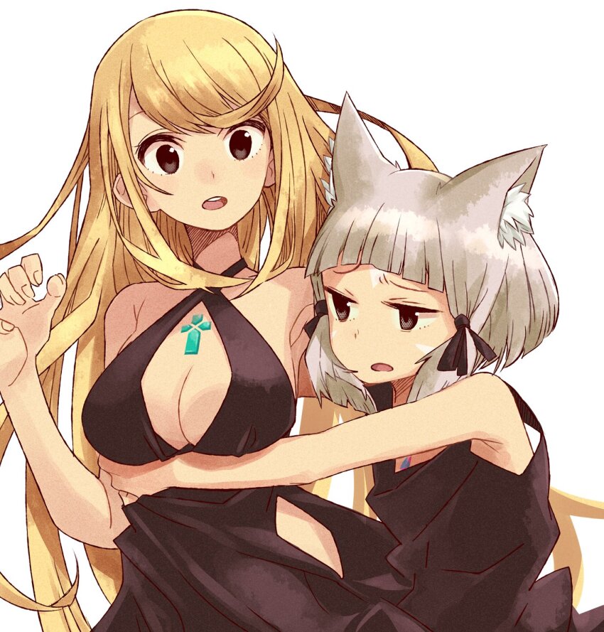 2girls, alternate_costume, animal_ear_fluff, animal_ears, black_dress, blonde_hair, breasts, cat_ears, cat_girl, core_crystal_(xenoblade), dress, eushima_(sgr), hashtag-only_commentary, highres, hug, large_breasts, long_hair, multiple_girls, mythra_(xenoblade), nia_(xenoblade), open_mouth, simple_background, white_background, xenoblade_chronicles_(series), xenoblade_chronicles_2