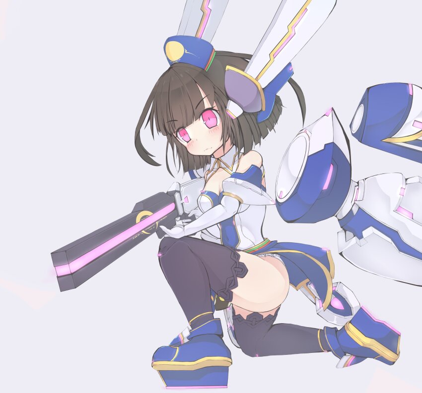 1girl, absurdres, ass, bare_shoulders, black_hair, black_thighhighs, blue_boots, blue_skirt