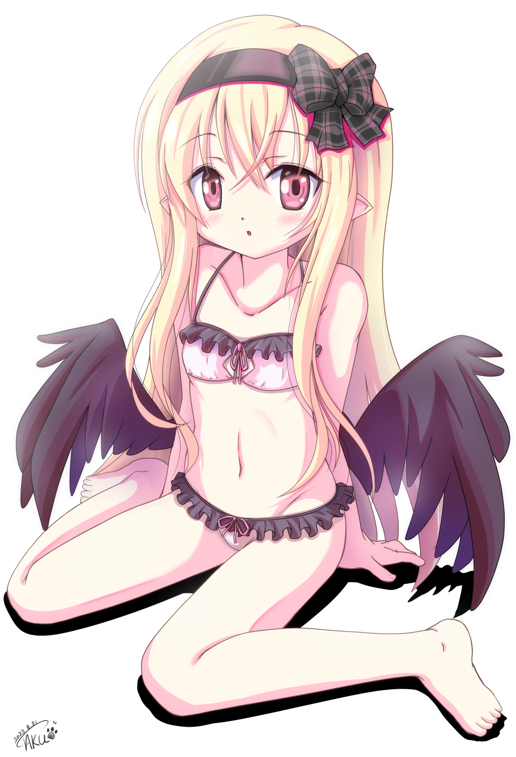 1girl, artist_name, bikini, black_hairband, black_ribbon, black_wings, breasts, dark_feather_alma