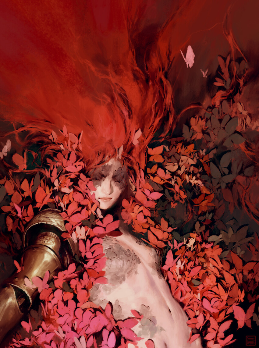 1girl, absurdres, amputee, bug, butterfly, elden_ring, hair_over_eyes, highres