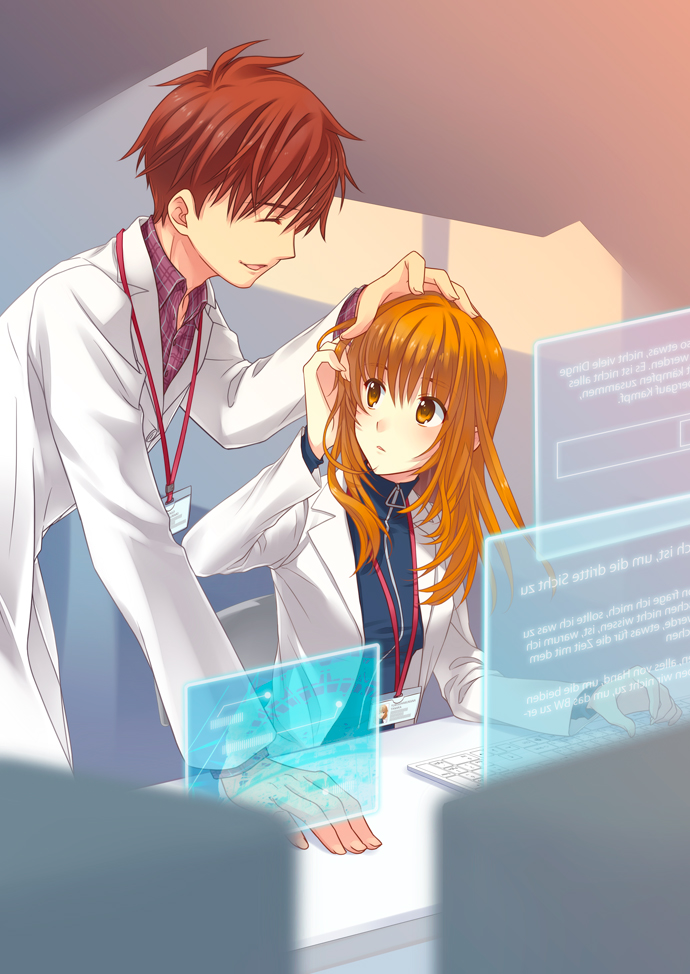 1boy, 1girl, brown_hair, closed_eyes, coat, ever_17, hand_on_another's_head, headpat