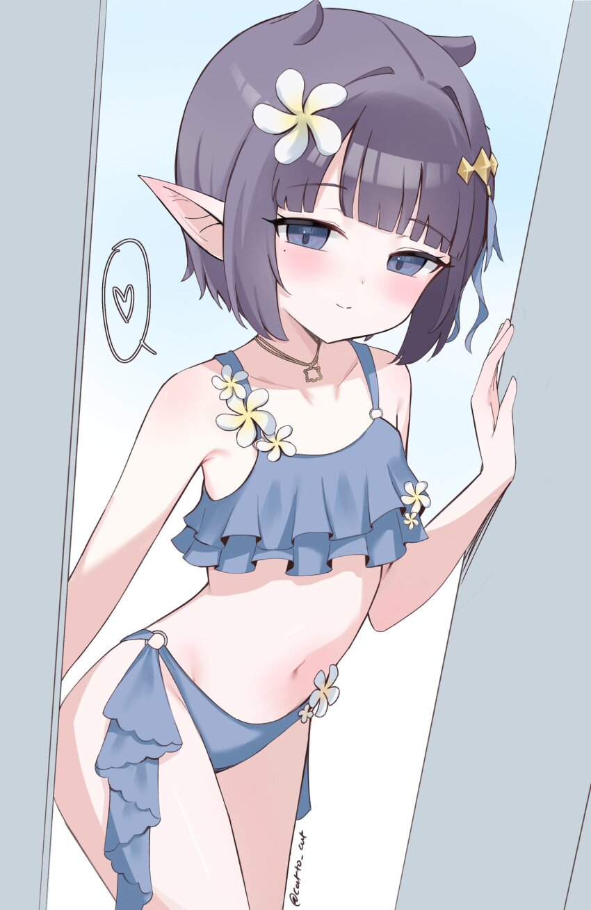 1girl, bikini, blue_bikini, blue_eyes, blunt_bangs, blush, cattocut, closed_mouth
