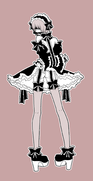 1boy, arms_behind_back, ass, bdsm, bit_gag, blindfold, bondage, bound, bound_arms, crossdressing, crossdressing_(mtf), gag, garter_straps, gothic_lolita, high_heels, kau, lolita_fashion, maid, male_focus, male_maid, monochrome, platform_shoes, shoes, simple_background, solo, thighhighs, togainu_no_chi, trap