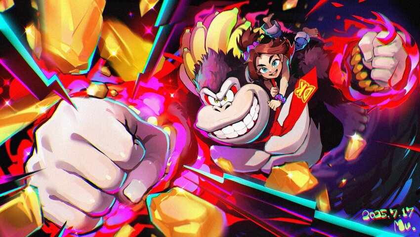 1girl, artist_name, banana, barefoot, bracelet, brown_hair, dated, debris, donkey_kong, donkey_kong_(series), donkey_kong_bananza, food, freckles, fruit, glowing_fist, gorilla, grin, jewelry, mu_(mu_963), necktie, nintendo, pauline_(nintendo), pauline_(young)_(nintendo), punching, red_necktie, smile