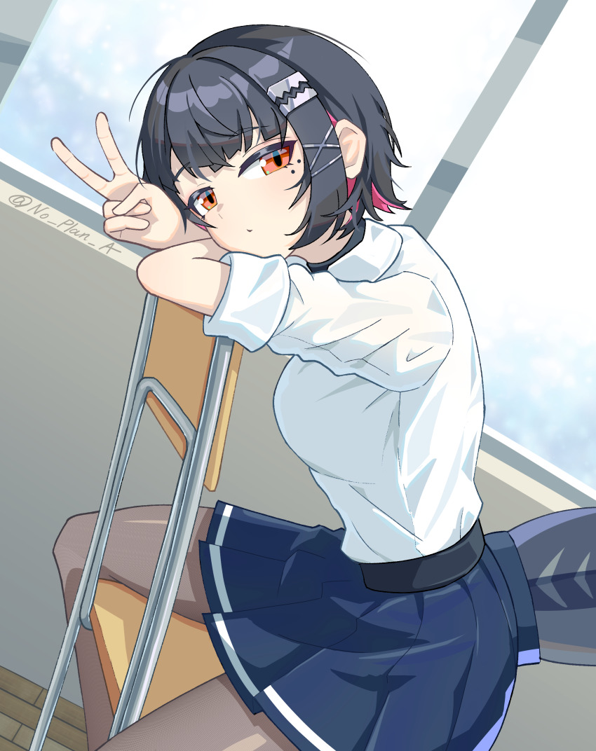 1girl, absurdres, black_hair, breasts, chair, ellen_joe, ellen_joe_(on_campus), fins