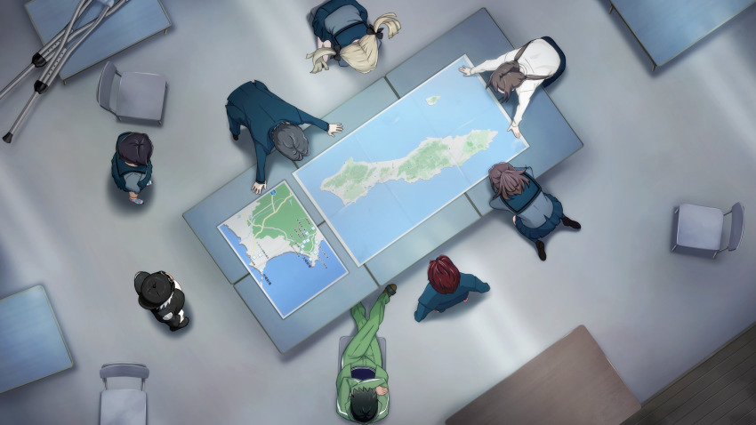 4boys, 4girls, black_boots, black_hair, black_hat, blazer, blonde_hair, blue_hoodie, blue_sailor_collar, blue_skirt, blue_socks, boots, bow, brown_hair, brown_shoes, chuo_tanegashima_high_school_uniform, crossed_arms, crossed_legs, daitoku_junna, dress_shirt, from_above, fujita_tetsuharu, fukuda_tomonori, game_cg, green_jacket, hair_bow, hat, hidaka_subaru, highres, hood, hoodie, indoors, jacket, kneehighs, kneeling, koujiro_frau, leather, leather_boots, leather_jacket, long_hair, long_sleeves, map, miniskirt, multiple_boys, multiple_girls, multiple_hair_bows, nagafukada_mitsuhiko, non-web_source, official_art, on_floor, pants, ponytail, red_hair, red_hood, robotics;notes, sailor_collar, school_uniform, science_adventure, senomiya_akiho, shirt, shoes, short_hair, shoulder_plates, sitting, skirt, sneakers, socks, standing, table, tennouji_nae, tennouji_nae_(robotics;notes), thighs, track_jacket, track_pants, very_short_hair, wariza, white_shirt, winter_uniform, yashio_kaito