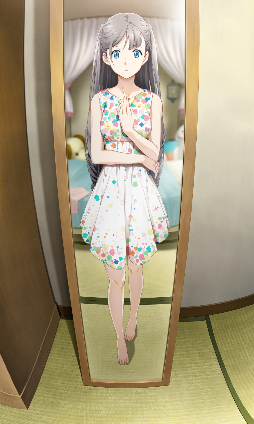 1girl, :o, absurdres, bare_legs, bare_shoulders, barefoot, bedroom, blue_eyes, casual, collarbone, dress, ears_visible_through_hair, feet, female_pov, floral_print, fukuda_tomonori, full_body, game_cg, grey_hair, highres, indoors, long_hair, looking_at_viewer, mirror, non-web_source, official_art, pov, robotics;notes, robotics;notes_dash, science_adventure, shiny_eyes, sleeveless, sleeveless_dress, solo, stuffed_toy, sundress, tareme, tatami, yukifune_airi