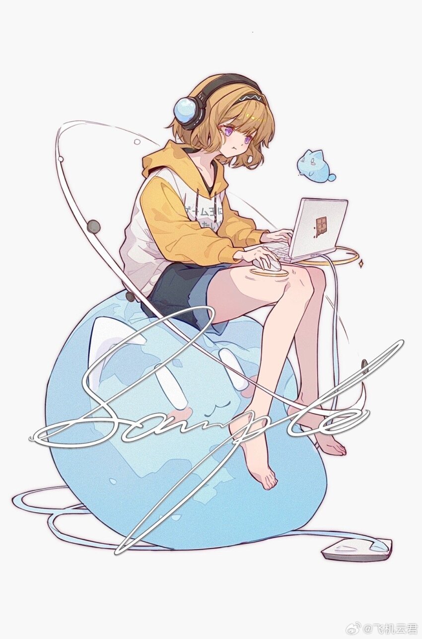 1girl, :t, bare_legs, barefoot, black_hairband, black_shirt, black_shorts, blunt_bangs