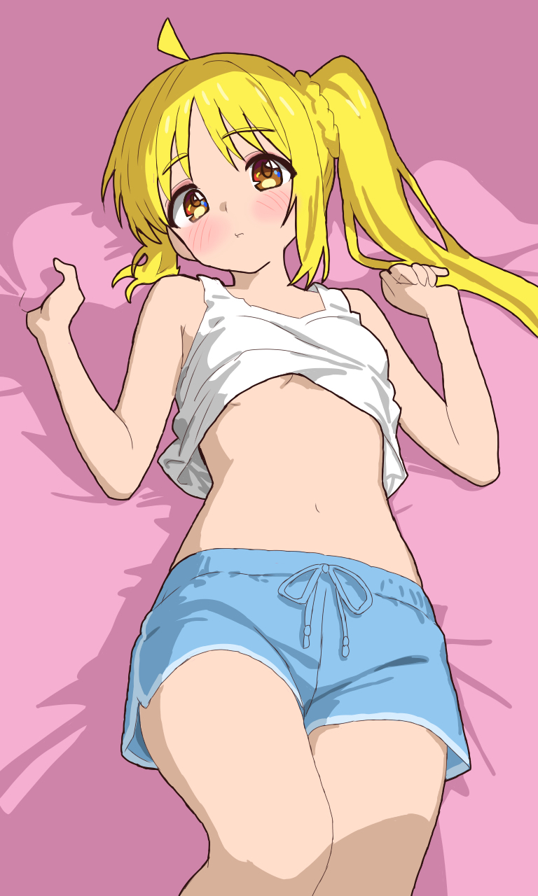 1girl, ahoge, bare_arms, bed_sheet, blonde_hair, blue_shorts, blush, bocchi_the_rock!