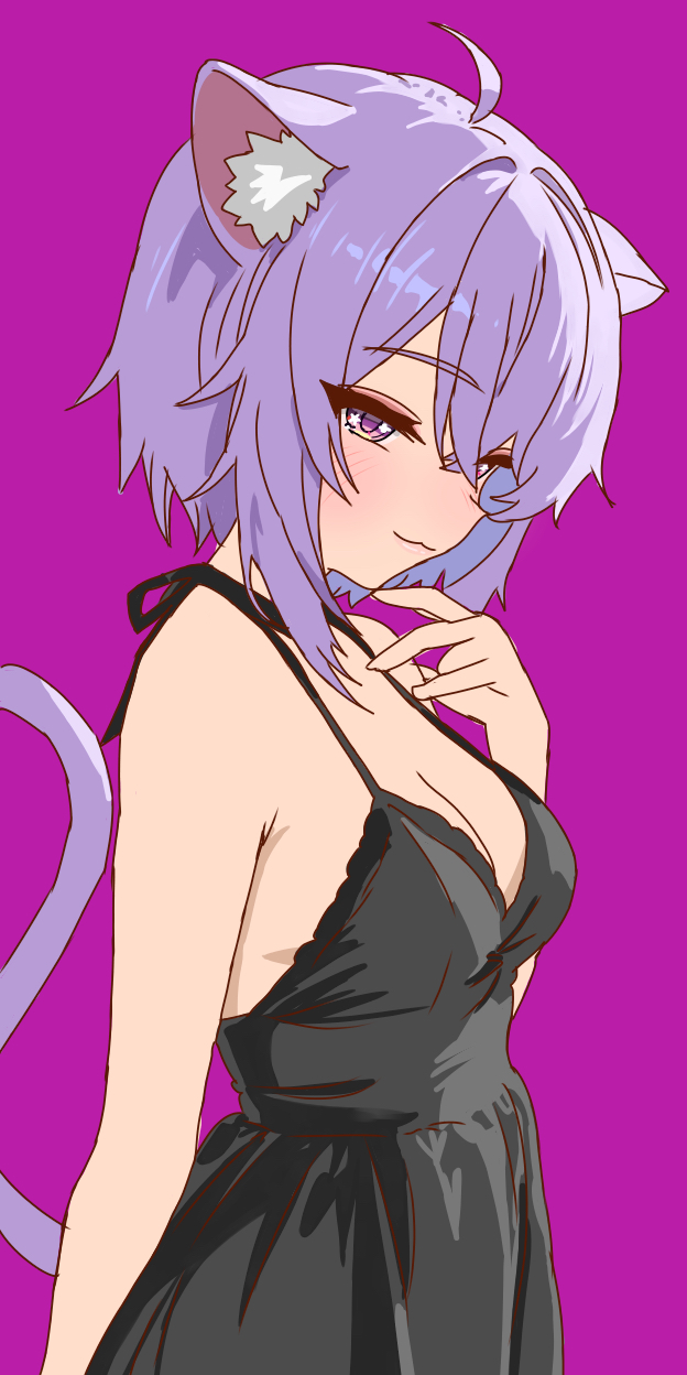 1girl, :3, ahoge, animal_ear_fluff, animal_ears, bare_arms, black_dress, breasts