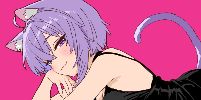 1girl, :3, ahoge, animal_ear_fluff, animal_ears, bare_arms, black_dress, blush