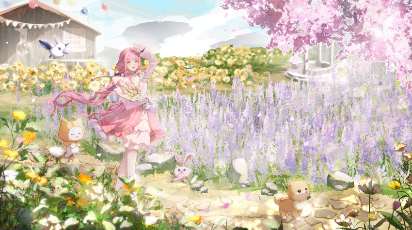 1girl, ^_^, absurdres, ambird_(infinity_nikki), animal, ankle_socks, balloon, bare_shoulders