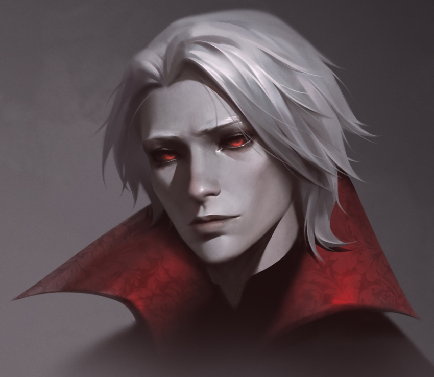 1boy, black_shirt, cape, closed_mouth, commentary, cropped_shoulders, curtained_hair, dongchenbuqian, english_commentary, grey_hair, highres, league_of_legends, male_focus, mystical_high_collar, realistic, red_cape, red_eyes, shirt, short_hair, solo, vampire, vladimir_(league_of_legends)
