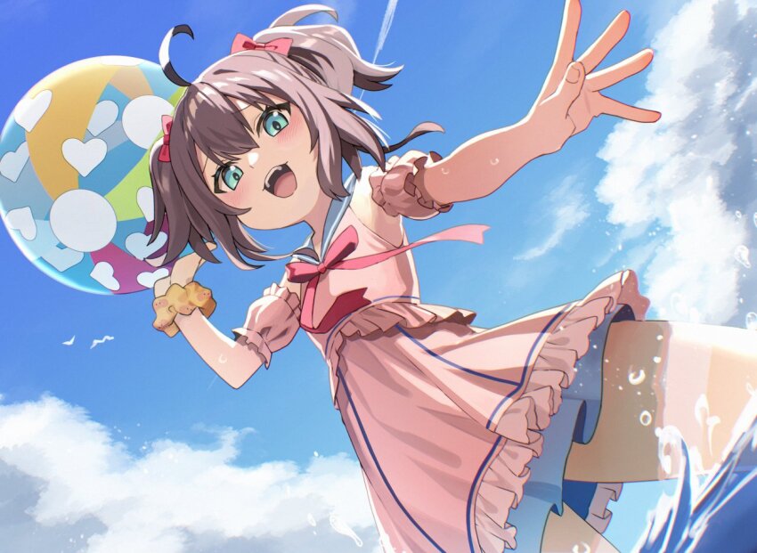 1girl, :d, ahoge, ball, beachball, bloom, blue_sky, blush