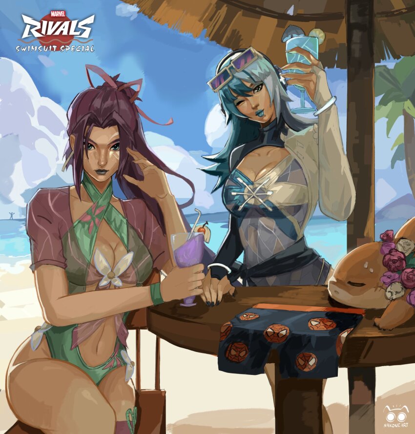 2girls, backless_swimsuit, beach, breasts, butterfly_ornament, cleavage, curvy, green_lips