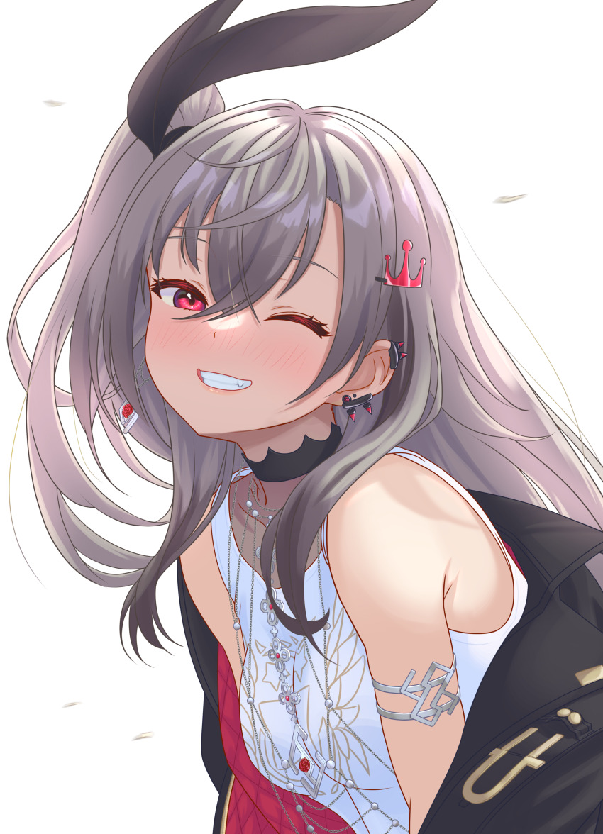 1girl, absurdres, black_jacket, crown_hair_ornament, earclip, grey_hair, grin, highres