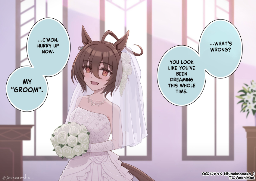 1girl, agnes_tachyon_(umamusume), ahoge, alternate_costume, animal_ears, artist_name, bare_shoulders, bouquet, breasts, bridal_veil, bride, brown_eyes, brown_hair, church, collarbone, commentary, dress, ear_piercing, elbow_gloves, english_commentary, english_text, flower, gloves, hair_between_eyes, highres, holding, holding_bouquet, horse_ears, horse_girl, horse_tail, huge_ahoge, indoors, jack_(jacknoeaka), jewelry, looking_at_viewer, necklace, open_mouth, pearl_necklace, piercing, rose, see-through_clothes, see-through_veil, short_hair, sleeveless, sleeveless_dress, smile, solo, speech_bubble, strapless, strapless_dress, tail, talking, umamusume, veil, wedding, wedding_dress, white_dress, white_flower, white_gloves, white_rose, white_veil, window