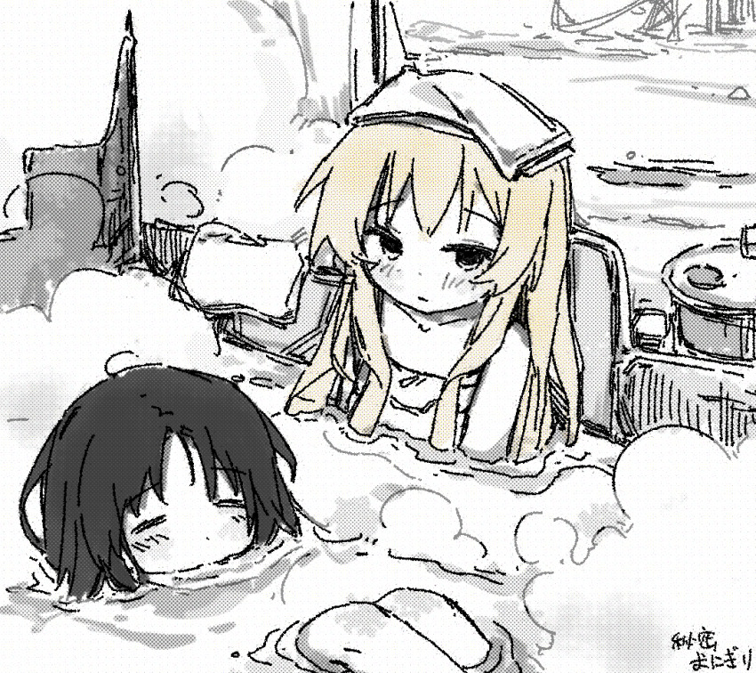 2girls, bath, bathing, black_hair, blonde_hair, chito_(shoujo_shuumatsu_ryokou), closed_eyes, commentary