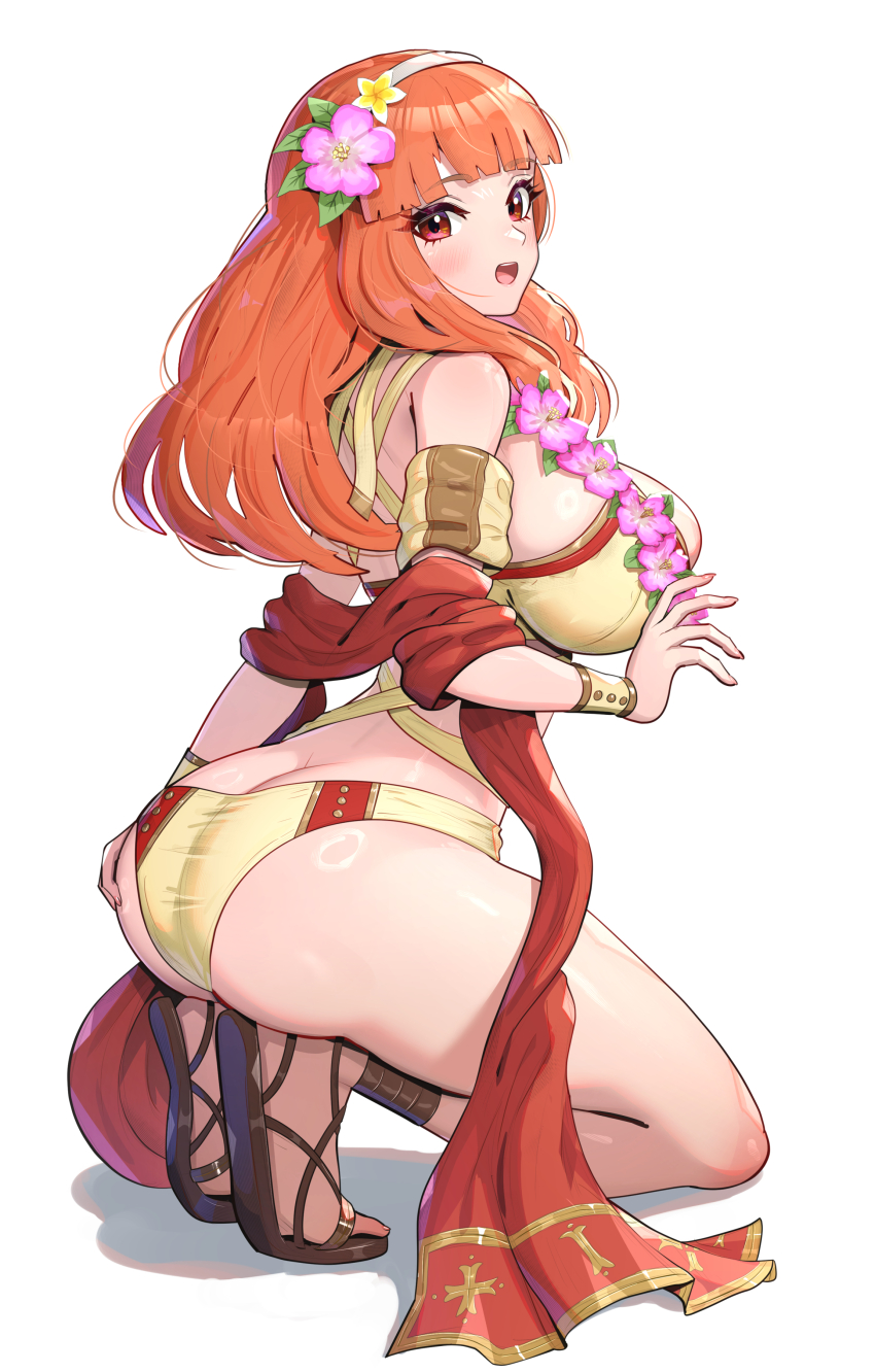 1girl, absurdres, ass, bare_shoulders, bikini, blunt_bangs, blush, breasts, brown_bikini, butt_crack, celica_(fire_emblem), celica_(summer)_(fire_emblem), cleavage, fire_emblem, fire_emblem_echoes:_shadows_of_valentia, fire_emblem_heroes, flower, flower_hairband, flower_necklace, gonzarez, hair_flower, hair_ornament, hairband, highres, jewelry, large_breasts, lei, looking_at_viewer, necklace, nintendo, official_alternate_costume, open_mouth, priestess, red_eyes, red_hair, red_sash, red_shawl, sandals, sash, shawl, sideboob, simple_background, smile, solo, swimsuit, white_background