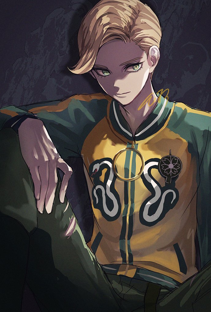 1boy, :|, bakesugi, blonde_hair, closed_mouth, commentary_request, expressionless, green_eyes