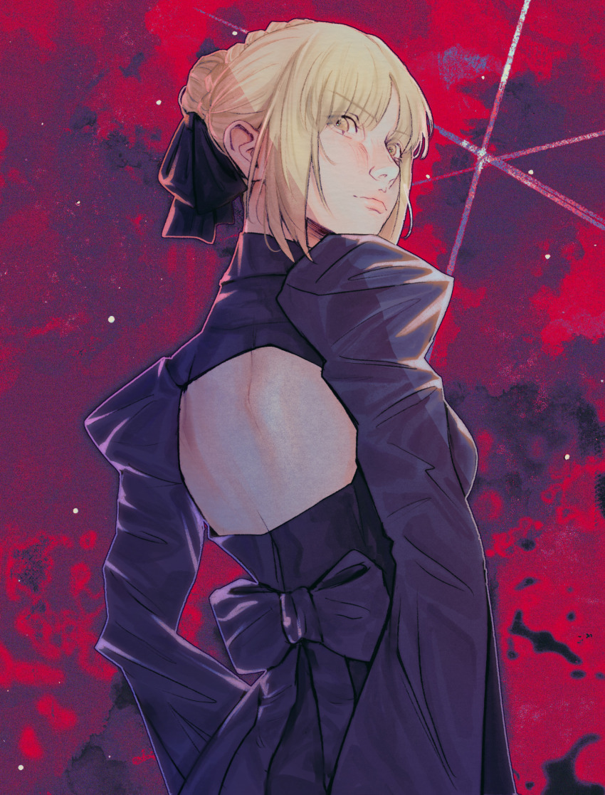 1girl, arms_behind_back, artoria_pendragon_(fate), back_bow, back_cutout, black_bow, black_dress, blonde_hair