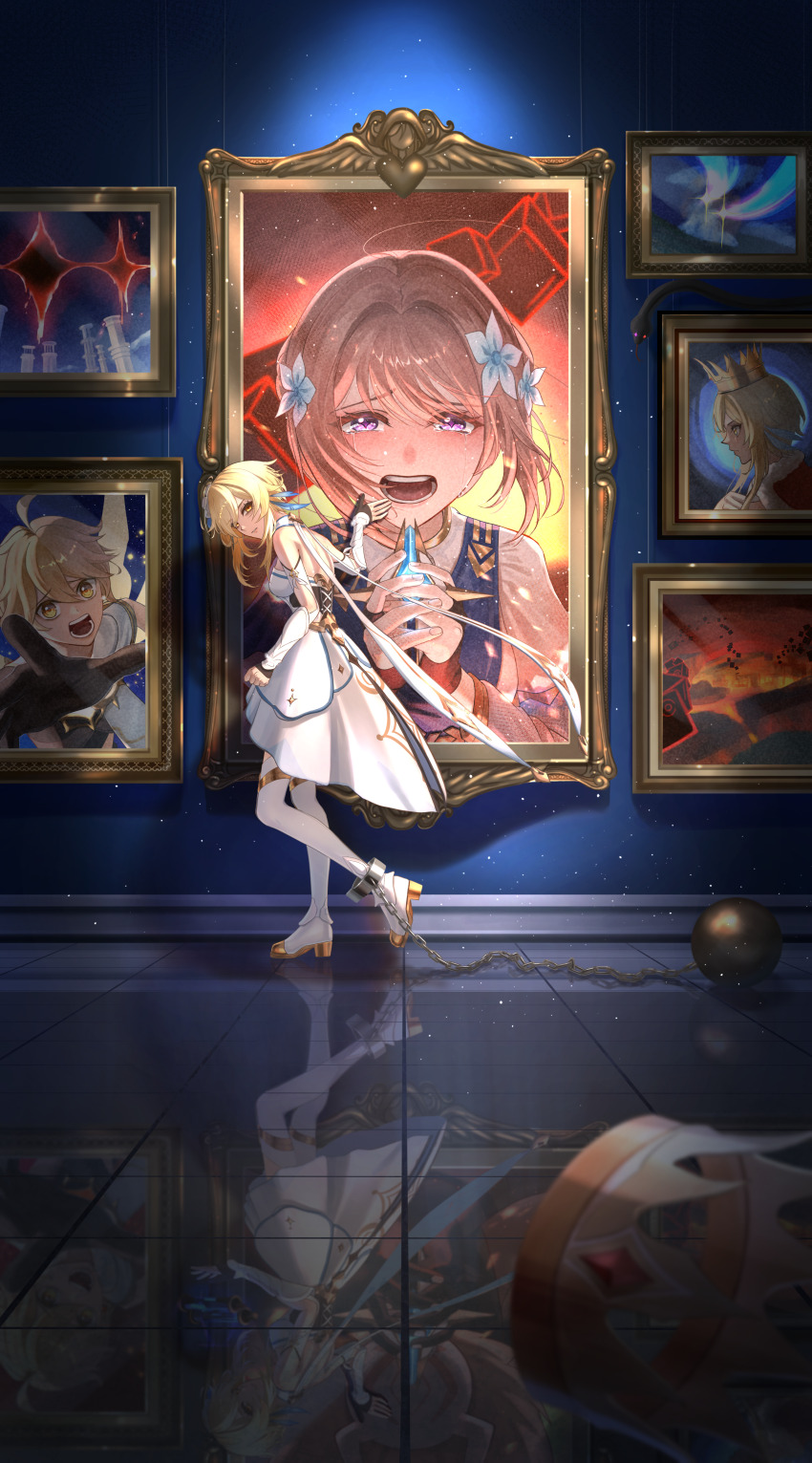 1girl, absurdres, aether_(genshin_impact), arm_armor, ball_and_chain_restraint, bare_shoulders, black_gloves, blonde_hair