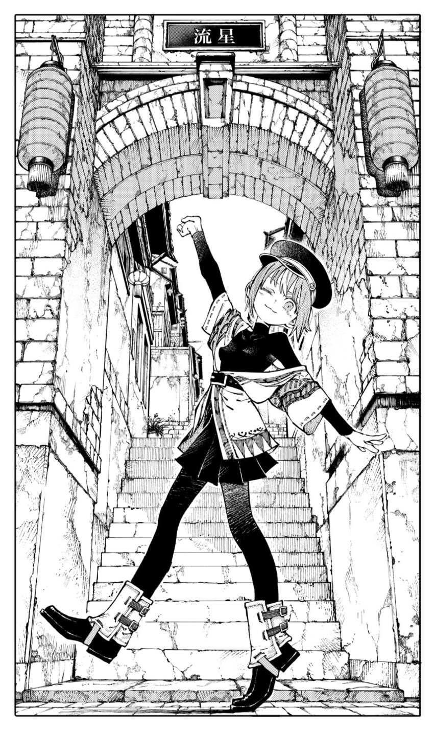 1girl, belt, boots, building, closed_mouth, galaxias, greyscale, hat, highres, jio_holst_(galaxias), long_sleeves, medium_hair, monochrome, omao, one_eye_closed, outdoors, smile, solo, standing