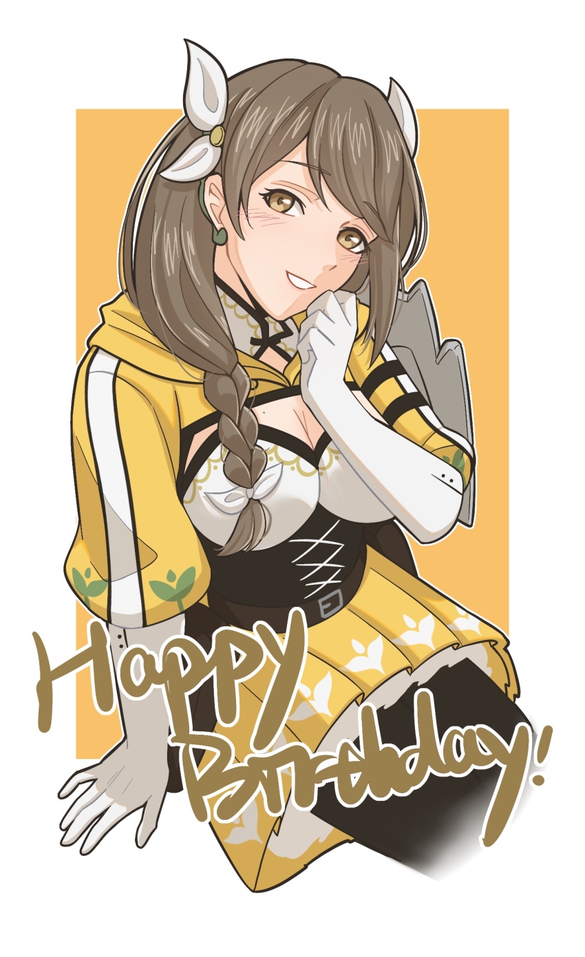 1girl, black_corset, blush, braid, braided_ponytail, breasts, brown_eyes, brown_hair