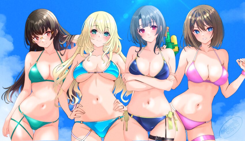 4girls, absurdres, alternate_costume, aqua_bikini, atago_(kancolle), bikini, black_hair, blonde_hair