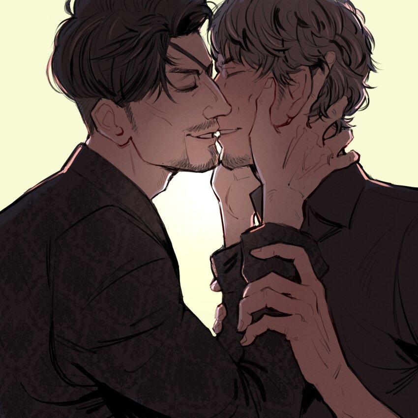 2boys, absurdres, adam's_apple, aquiline_nose, black_hair, black_shirt, closed_eyes, collared_shirt, commentary, eyepatch, facial_hair, goatee, grey_hair, hand_on_another's_wrist, hands_on_another's_face, highres, imminent_kiss, kiryu_kazuma, long_sleeves, lumuscus, majima_goro, male_focus, multiple_boys, nose, parted_hair, patterned_clothing, profile, ryuu_ga_gotoku_(series), ryuu_ga_gotoku_8, shirt, sideburns_stubble, smile, stubble, untranslatable_commentary, teeth, upper_body, wavy_hair, wing_collar, yaoi