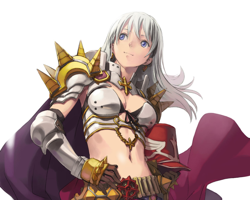 1girl, armor, bikini_armor, blue_eyes, cape, cross, earrings, female_focus, front-tie_top, gloves, hat, jewelry, long_hair, meranie, midriff, navel, ragnarok_online, rune_knight_(ragnarok_online), solo, spiked_gloves, spikes, white_hair