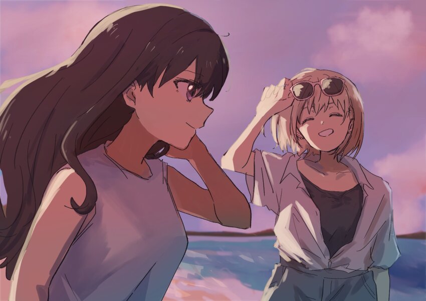 2girls, adjusting_eyewear, black_shirt, blonde_hair, blue_tank_top, brown_hair, closed_mouth, commentary, dusk, earrings, grin, highres, ini_yoy, inoue_takina, jewelry, long_hair, lycoris_recoil, medium_hair, multiple_girls, nishikigi_chisato, ocean, outdoors, purple_eyes, shirt, smile, sunglasses, tank_top, white_shirt