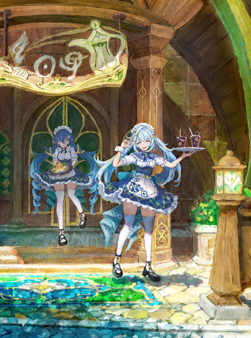 2girls, apron, black_shoes, blue_choker, blue_hair, breasts, building, choker