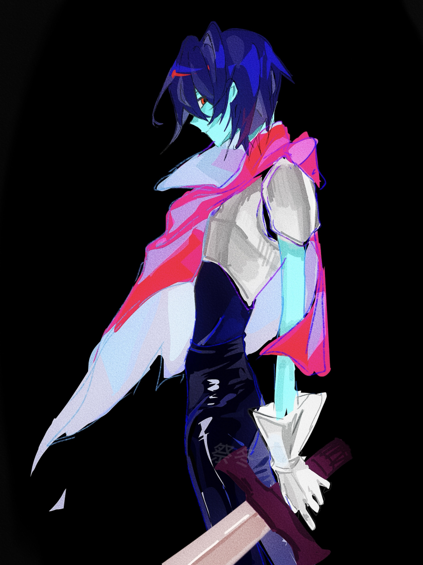 1other, absurdres, armor, armored_gloves, artist_name, black_background, blue_hair, blue_skin, cape, colored_skin, commentary, deltarune, from_side, highres, holding, holding_sword, holding_weapon, ji_dong_ele, kris_(dark_world)_(deltarune), kris_(deltarune), looking_at_viewer, looking_to_the_side, other_focus, red_cape, red_eyes, short_hair, shoulder_armor, side_cape, simple_background, solo, sword, utdr_(toby_fox), weapon
