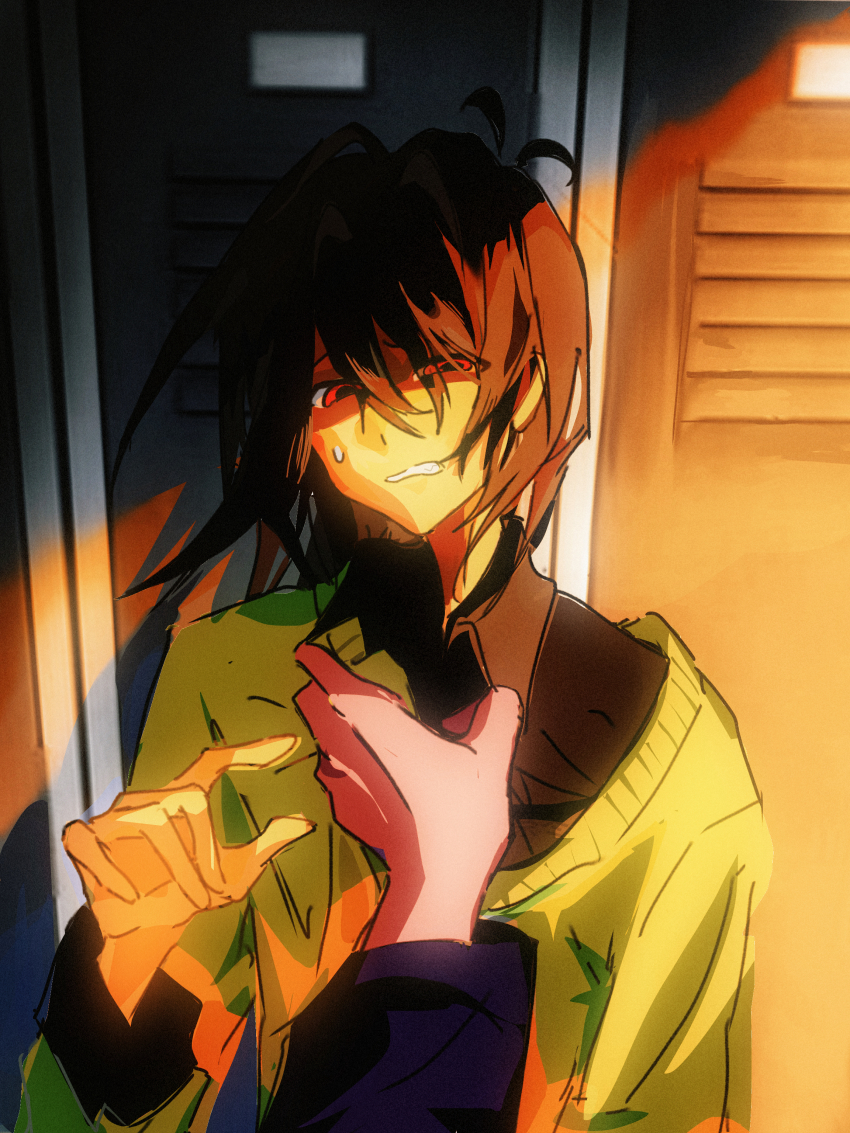 1other, absurdres, black_shirt, brown_hair, chinese_commentary, clothes_grab, collar_grab, collared_shirt, colored_skin, commentary, deltarune, green_sweater, highres, ji_dong_ele, kris_(deltarune), locker, medium_hair, neckwear_grab, pov, pov_hands, red_eyes, shirt, small_sweatdrop, sweater, utdr_(toby_fox), yellow_skin