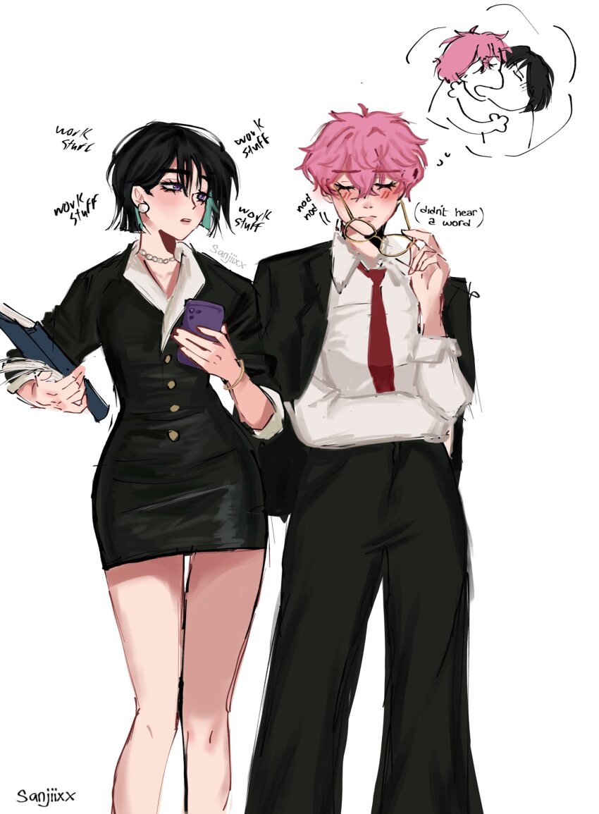 2girls, alien_stage, alternate_costume, artist_name, black_hair, black_pants, black_suit, bob_cut, buttons, cellphone, collared_shirt, commentary, dress, earrings, english_commentary, english_text, formal_clothes, glasses, highres, holding, holding_phone, holding_removed_eyewear, jacket, jacket_on_shoulders, jewelry, kiss, meme, mizi_(alien_stage), multiple_girls, necklace, necktie, pants, pearl_earrings, pearl_necklace, pencil_dress, phone, pink_hair, purple_eyes, red_necktie, sanjiixx, shirt, short_dress, short_hair, smartphone, speech_bubble, sua_(alien_stage), suit, suit_jacket, thought_bubble, unworn_eyewear, very_short_hair, white_shirt, yoshi_and_toad_kissing_(meme), yuri