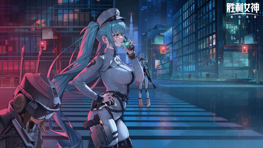 3girls, absurdres, aqua_hair, city, goddess_of_victory:_nikke, gun, handgun, hat