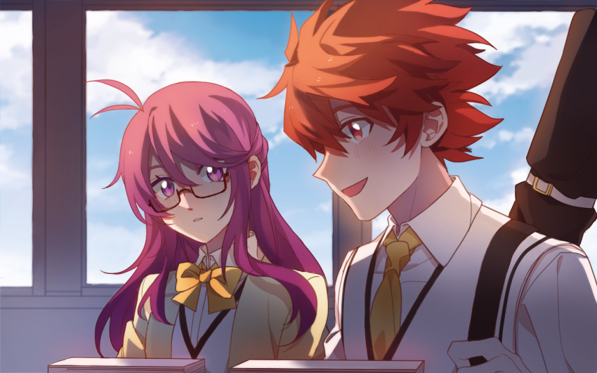 1boy, 1girl, aisha_landar, blue_sky, bow, bowtie, cloud, cloudy_sky, collared_shirt, elsword, elsword_(character), glasses, jacket, kat_0617, long_hair, necktie, purple_eyes, purple_hair, red_eyes, red_hair, school_uniform, shirt, short_hair, sky, upper_body, vest, white_shirt, white_vest, window, yellow_bow, yellow_bowtie, yellow_jacket, yellow_necktie