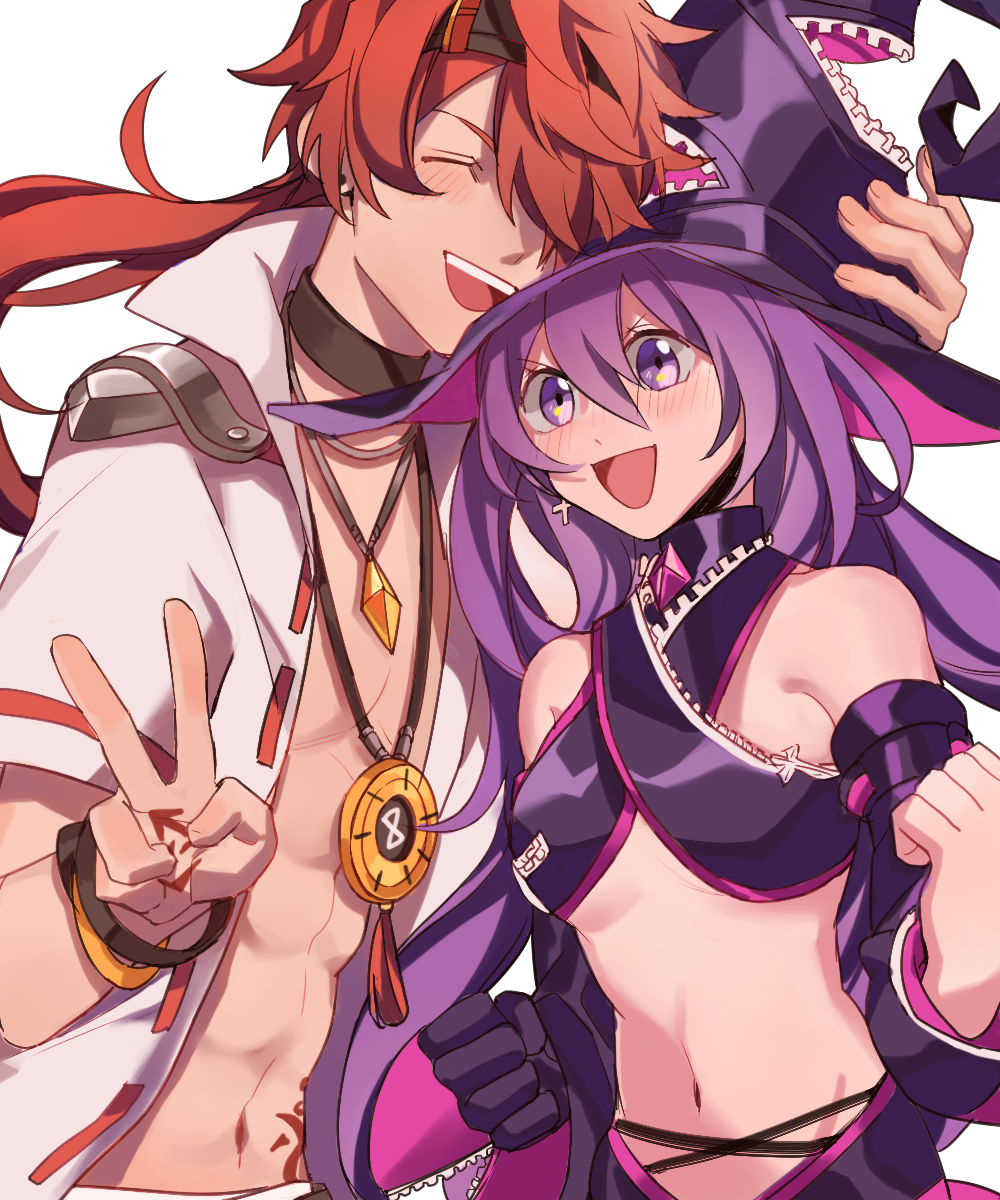 1boy, 1girl, aisha_landar, bare_pectorals, bare_shoulders, closed_eyes, coat, elsword