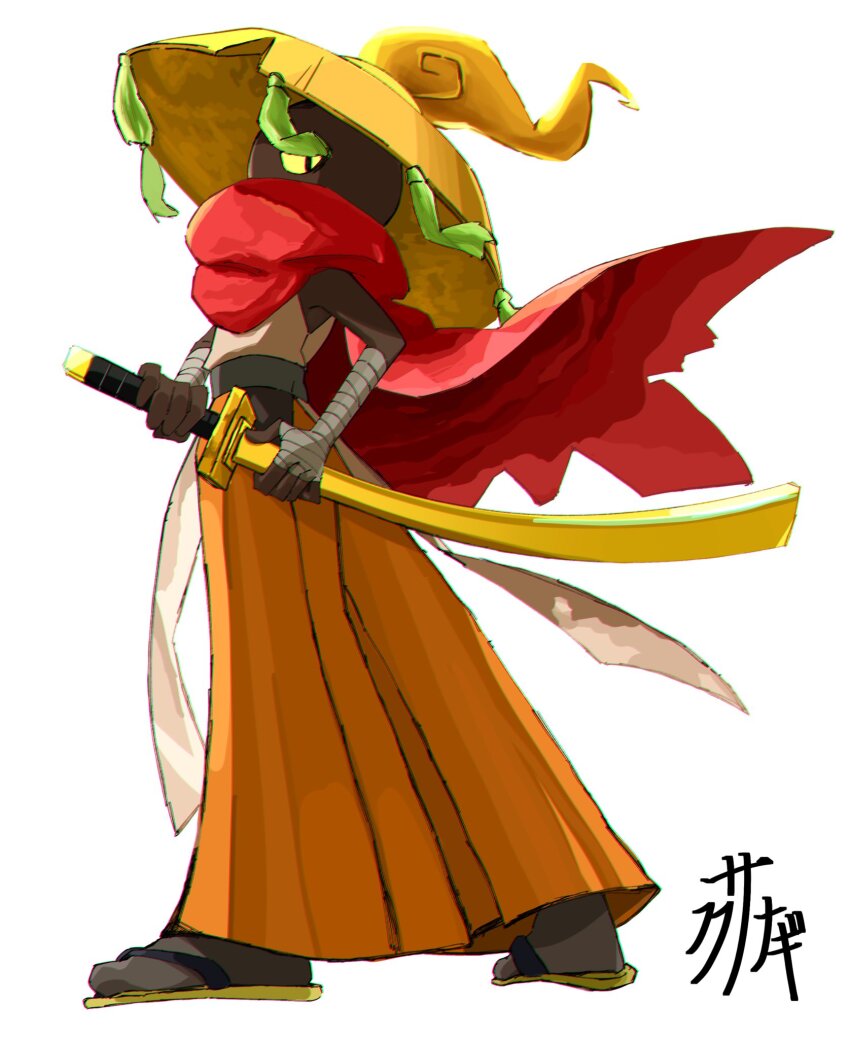 1boy, b9ivu3z4jc41547, brown_socks, cape, full_body, highres, holding, holding_sword, holding_weapon, katana, kusanagi_(youkai_watch), looking_at_viewer, male_focus, orange_skirt, red_cape, sandals, sandogasa, simple_background, skirt, socks, solo, standing, sword, translation_request, weapon, white_background, yellow_eyes, youkai_(youkai_watch), youkai_watch