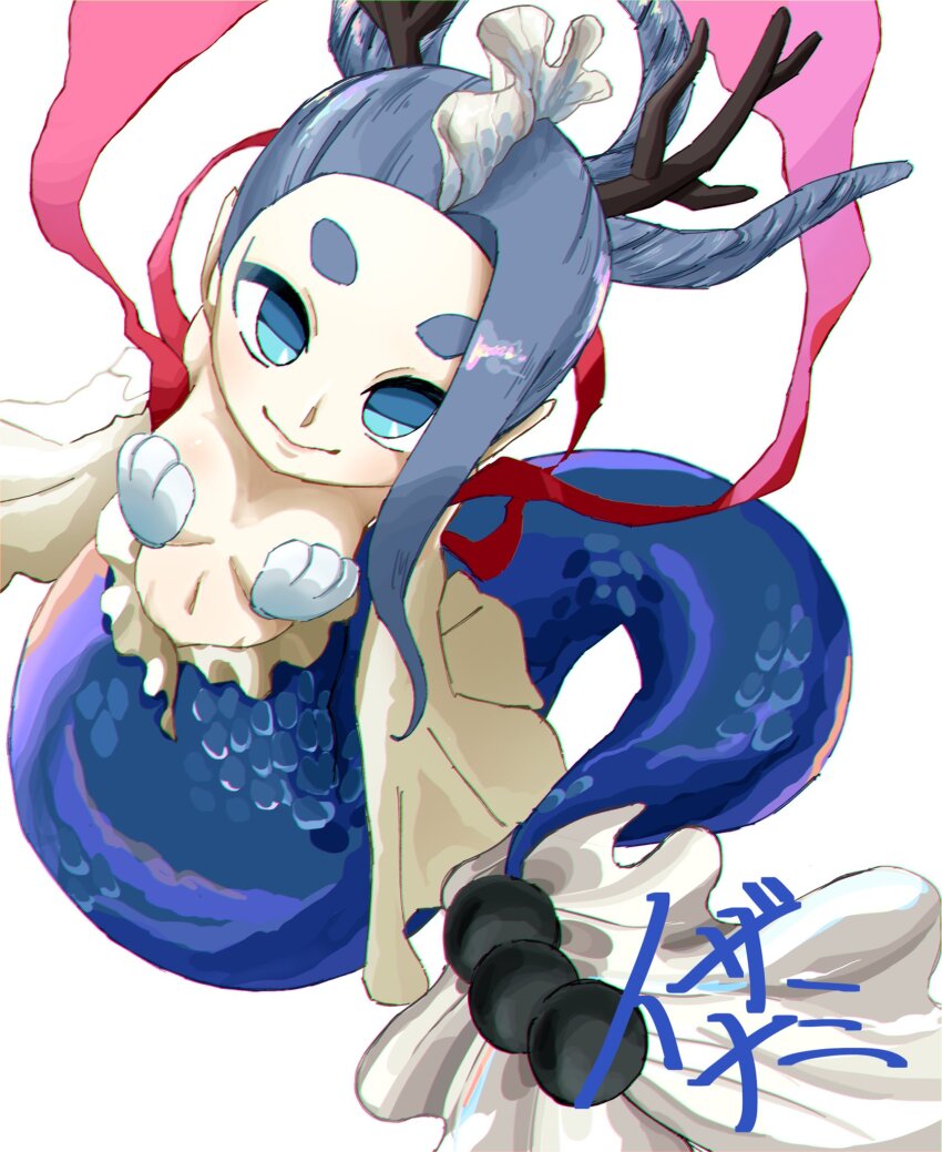 1girl, b9ivu3z4jc41547, bikini, blue_eyes, blue_hair, breasts, hair_ornament, highres, izanami_(youkai_watch), long_hair, looking_at_viewer, medium_breasts, mermaid, monster_girl, navel, shell, shell_bikini, simple_background, solo, swimsuit, translation_request, white_background, youkai_(youkai_watch), youkai_watch