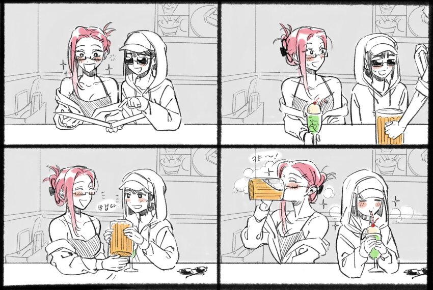 2girls, alcohol, alien_stage, baseball_cap, beer, beer_mug, camisole, claw_hair_clip