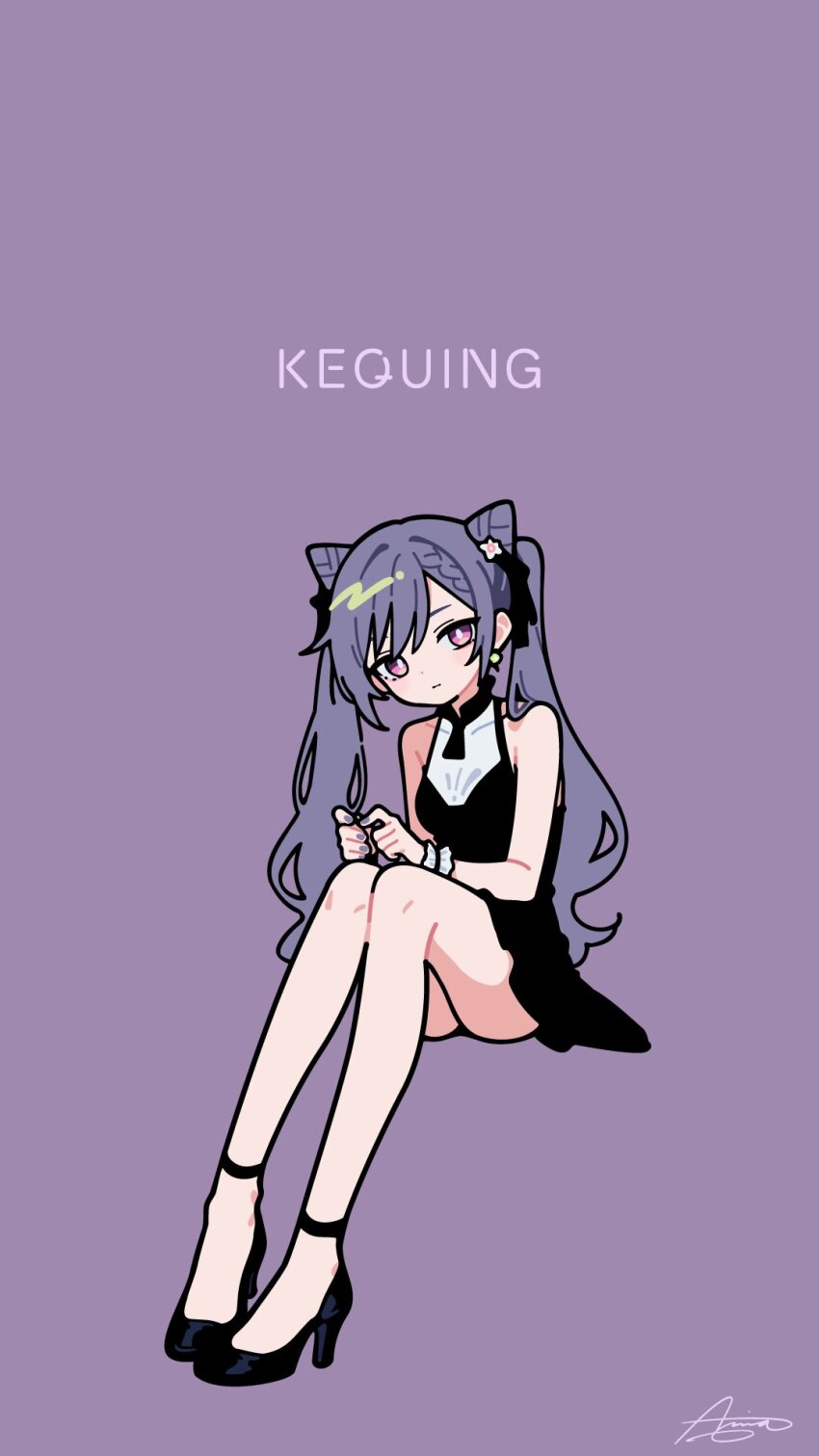 1girl, ameniwa, anklet, armlet, bare_shoulders, black_dress, character_name, commentary